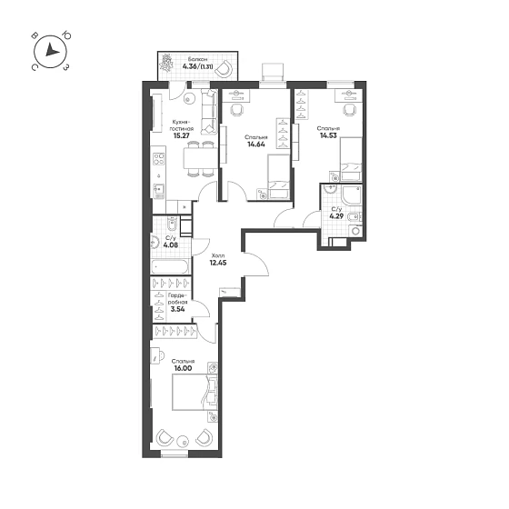 Квартира 3-комн. 86.11 кв. м