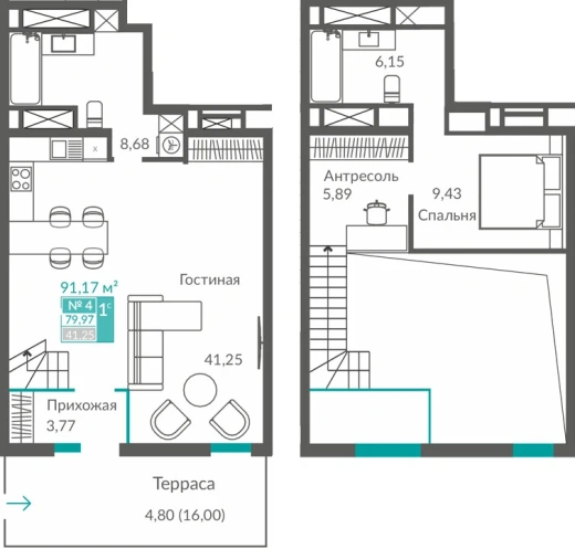 Квартира 1-комн. 79.97 кв.м
