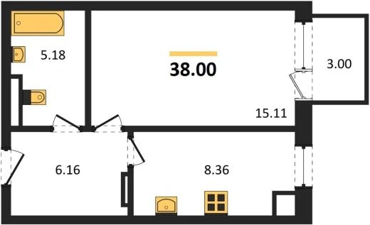 Квартира 1-комн. 38 кв. м