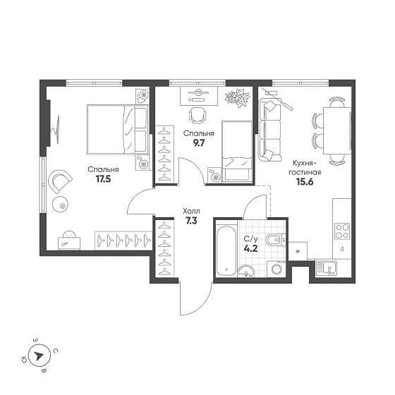 Квартира 2-комн. 54.3 кв. м