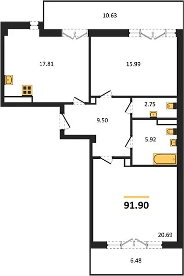 Квартира 2-комн. 91.9 кв. м