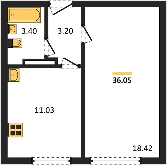 Квартира 1-комн. 36.05 кв. м
