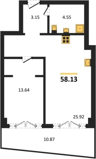 Апартаменты 1-комн. 60.6 кв. м