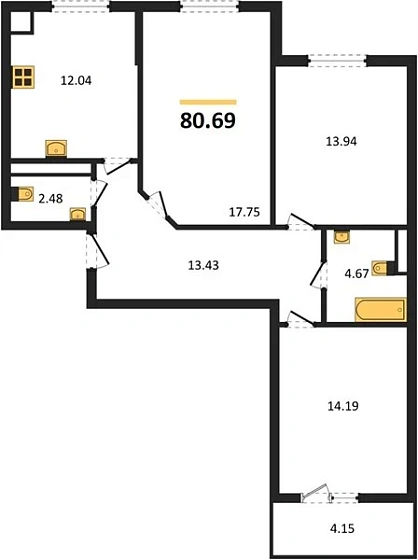 Квартира 3-комн. 80.69 кв. м