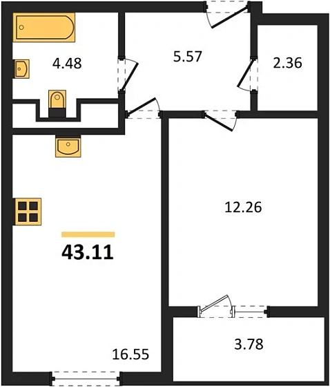 Квартира 1-комн. 43.11 кв. м