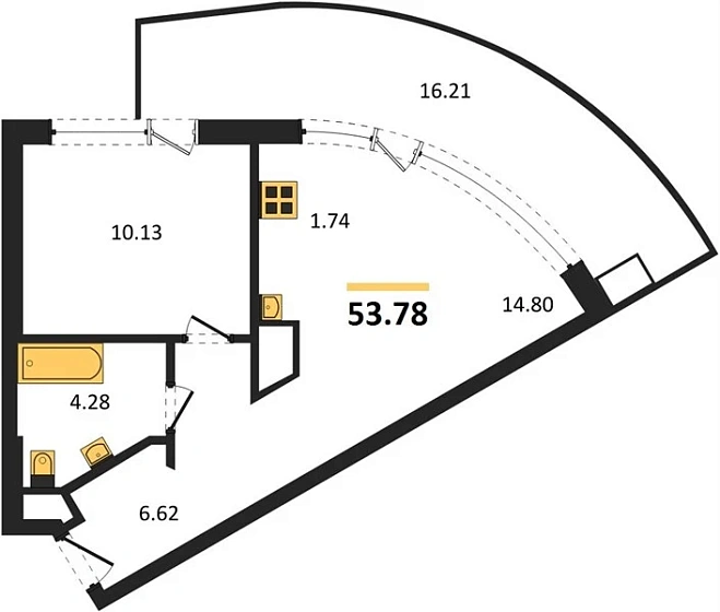 Апартаменты 1-комн. 53.78 кв. м