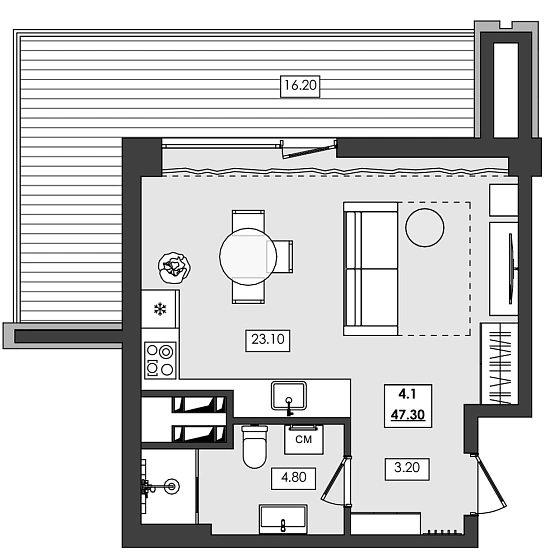 Апартаменты 1-комн. 47.3 кв. м