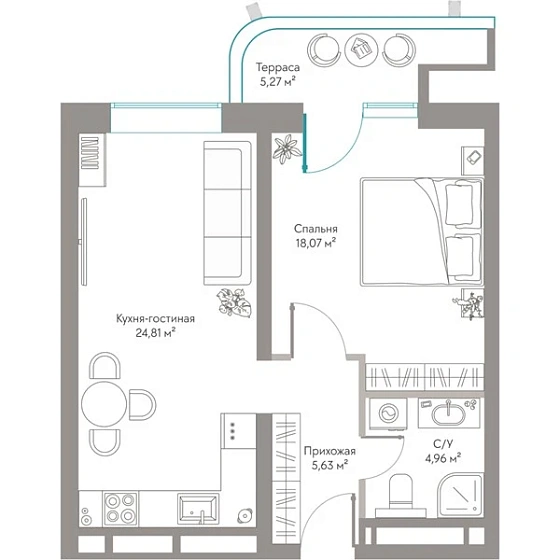 Квартира 1-комн. 58.74 кв. м