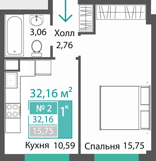 Квартира 1-комн. 32.16 кв.м