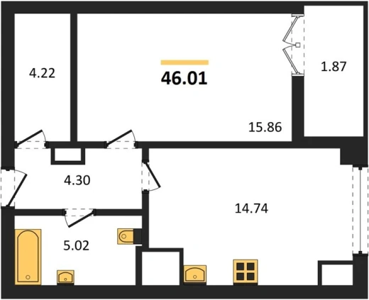 Квартира 1-комн. 46.01 кв. м