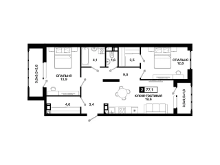 Квартира 2-комн. 77.1 кв. м