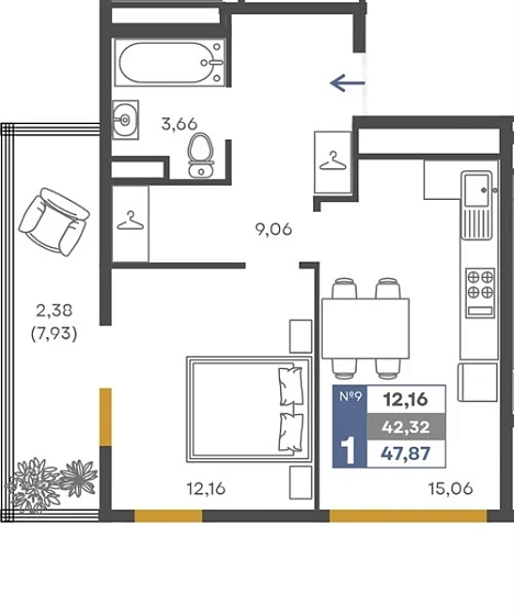Квартира 1-комн. 42.32 кв. м