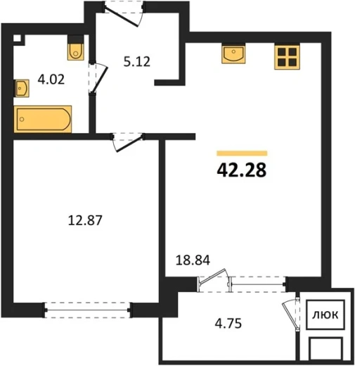 Квартира 1-комн. 42.28 кв. м