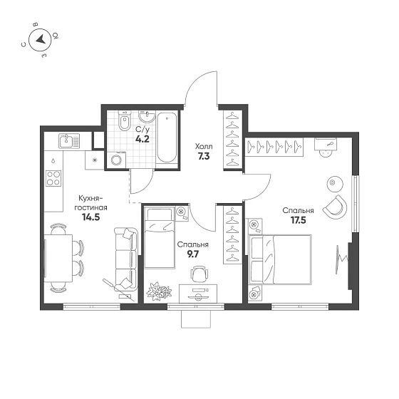 Квартира 2-комн. 53.2 кв. м