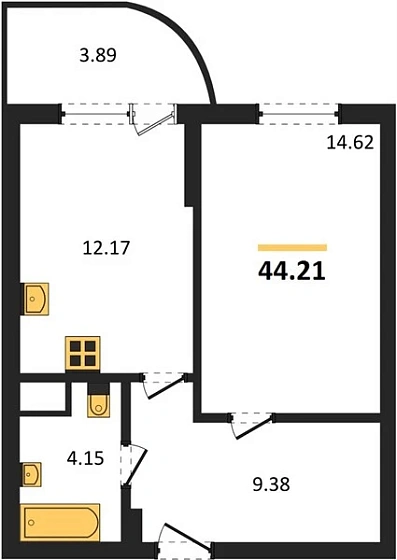 Апартаменты 1-комн. 44.21 кв. м