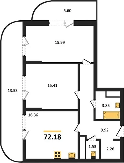 Квартира 2-комн. 72.18 кв. м