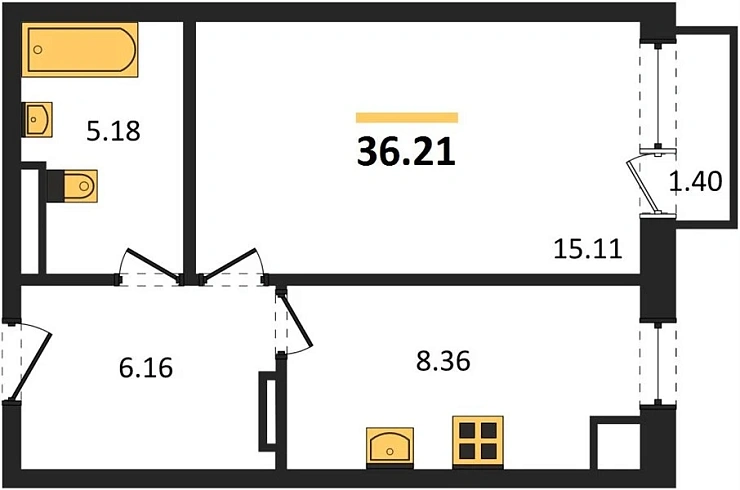 Квартира 1-комн. 36.3 кв. м