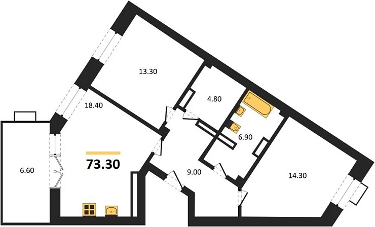 Квартира 2-комн. 73.3 кв. м