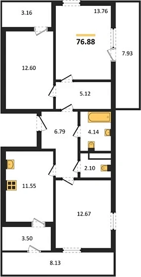 Квартира 3-комн. 76.88 кв. м