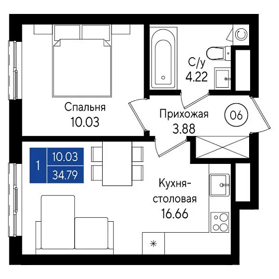 Квартира 1-комн. 34.79 кв. м