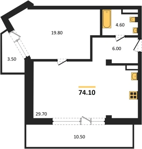 Апартаменты 2-комн. 74.1 кв. м