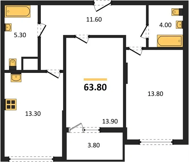 Квартира 2-комн. 63.8 кв. м