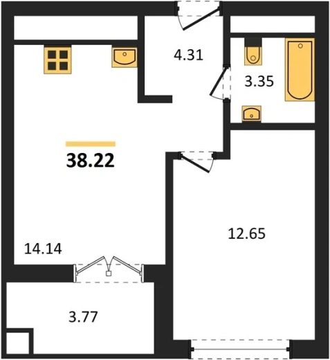 Квартира 1-комн. 38.22 кв. м