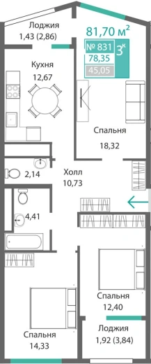 Квартира 3-комн. 78.35 кв.м