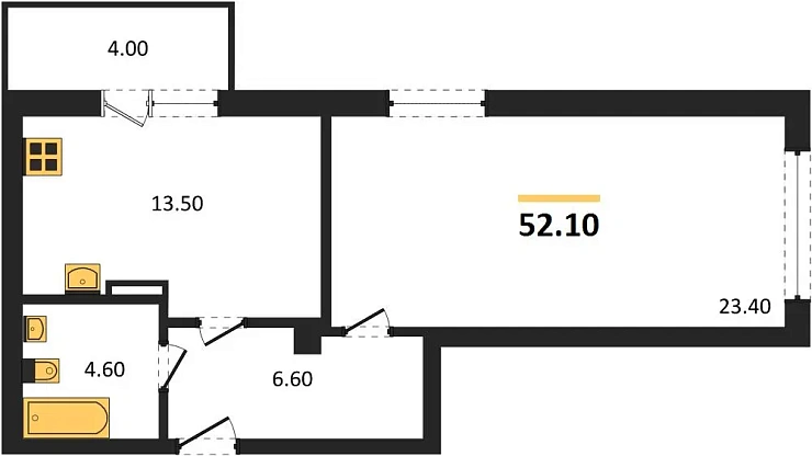 Квартира 1-комн. 52.1 кв. м