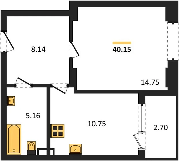 Квартира 1-комн. 40.15 кв. м