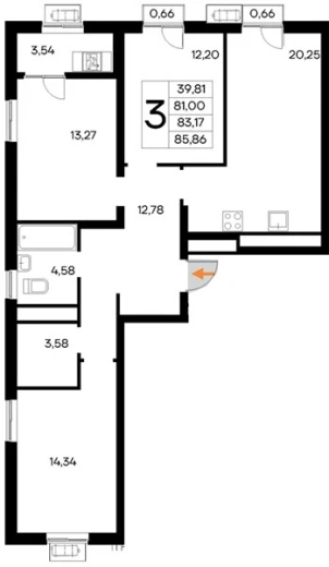 Квартира 3-комн. 85.86 кв. м