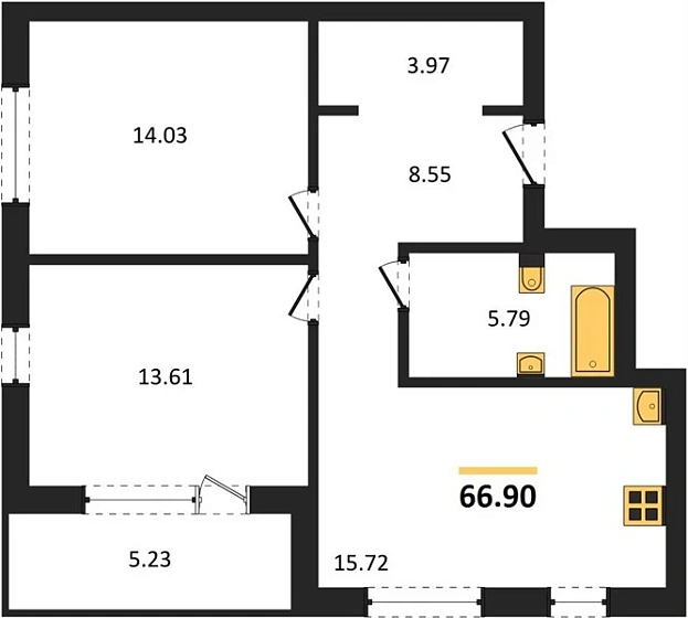 Квартира 2-комн. 66.9 кв. м