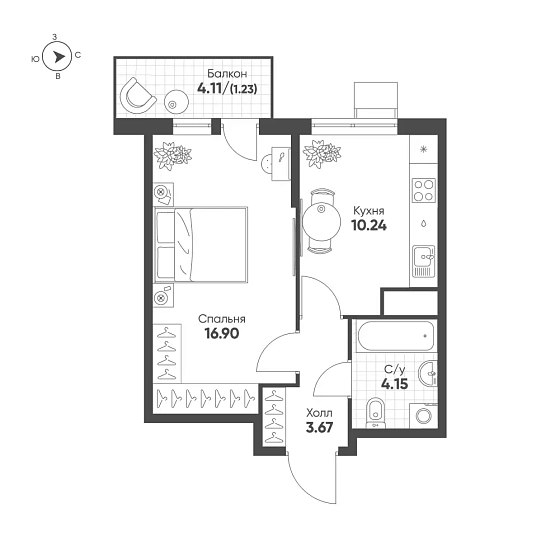 Квартира 1-комн. 36.19 кв. м