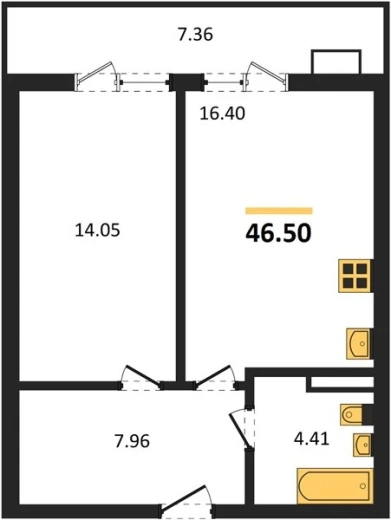 Квартира 1-комн. 46.5 кв. м