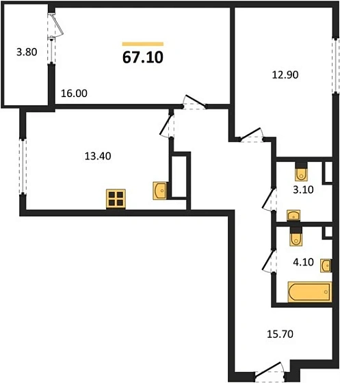 Квартира 2-комн. 67.1 кв. м