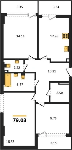 Квартира 3-комн. 79.03 кв. м