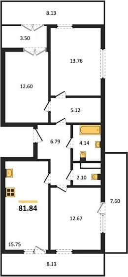 Квартира 3-комн. 81.84 кв. м