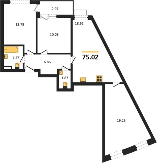 Квартира 3-комн. 75.02 кв. м