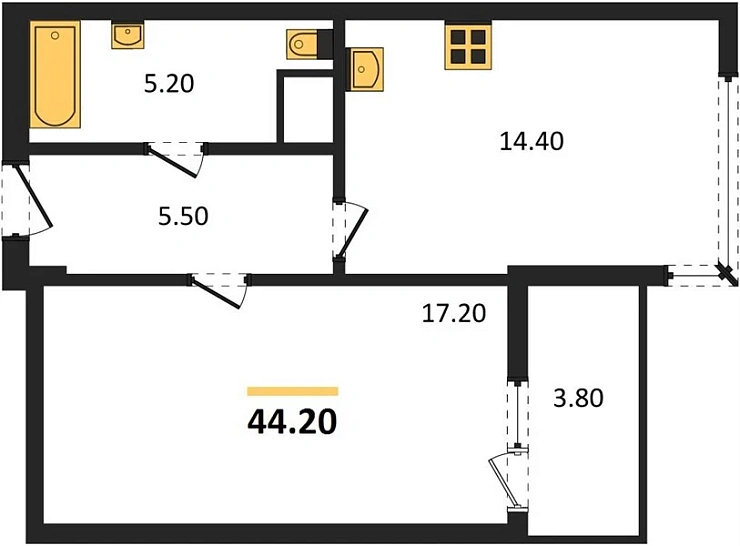 Квартира 1-комн. 44.2 кв. м