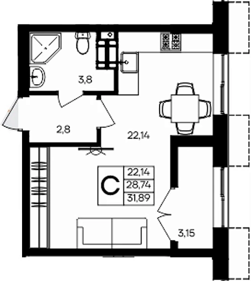 Квартира Студия 31.89 кв. м