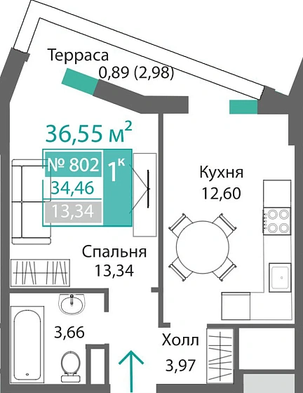 Квартира 1-комн. 34.46 кв.м