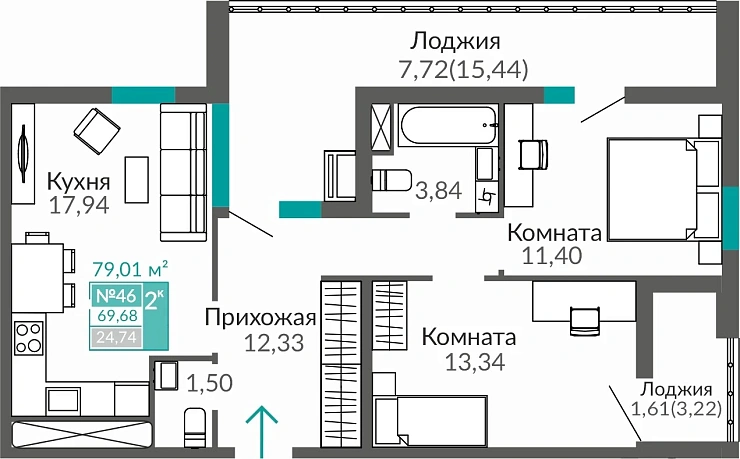 Квартира 2-комн. 69.68 кв.м