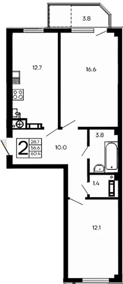 Квартира 2-комн. 60.4 кв. м