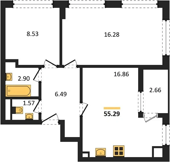 Квартира 2-комн. 55.29 кв. м