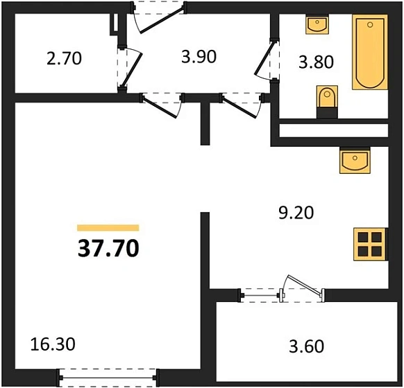 Квартира 1-комн. 37.7 кв. м