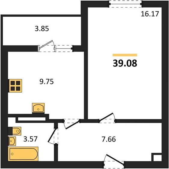 Квартира 1-комн. 39.08 кв. м