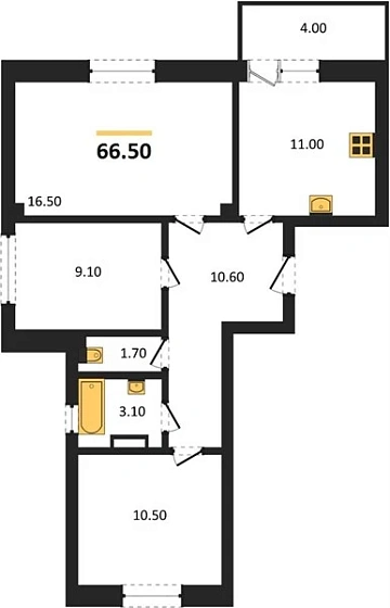 Квартира 3-комн. 66.5 кв. м