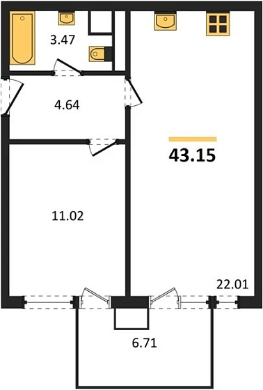 Квартира 1-комн. 43.15 кв. м