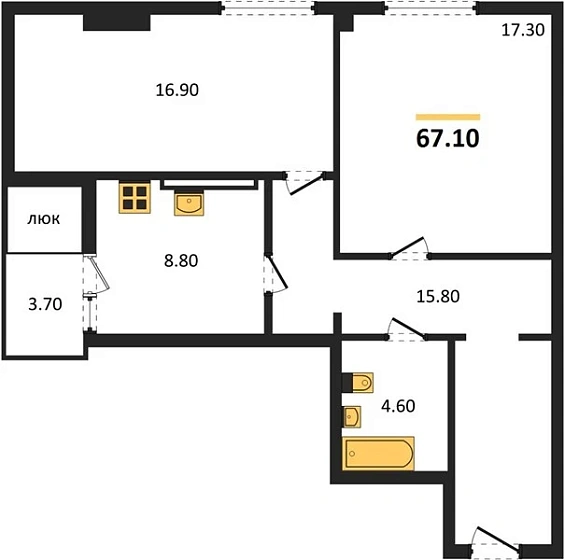 Квартира 2-комн. 67.1 кв. м