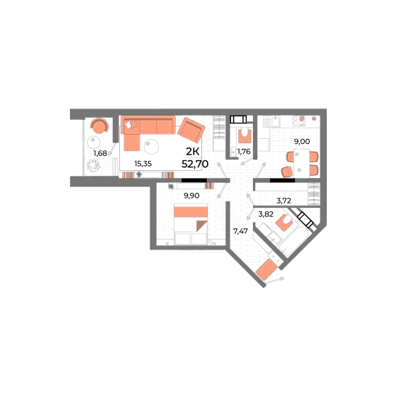 Квартира 2-комн. 49.1 кв. м